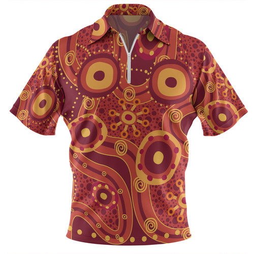 Australia Aboriginal Zip Polo Shirt - Red Aboriginal Dot Art Inspired Zip Polo Shirt