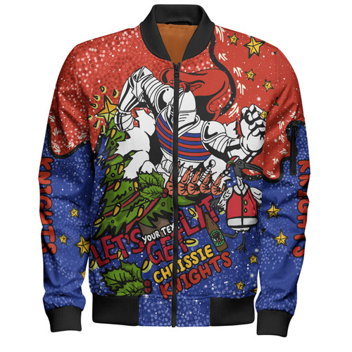 Newcastle Knights Christmas Custom Bomber Jacket - Let's Get Lit Chrisse Pressie Bomber Jacket Newcastle Knights Christmas Custom Bomber Jacket - Let's Get Lit Chrisse Pressie Bomber Jacket
