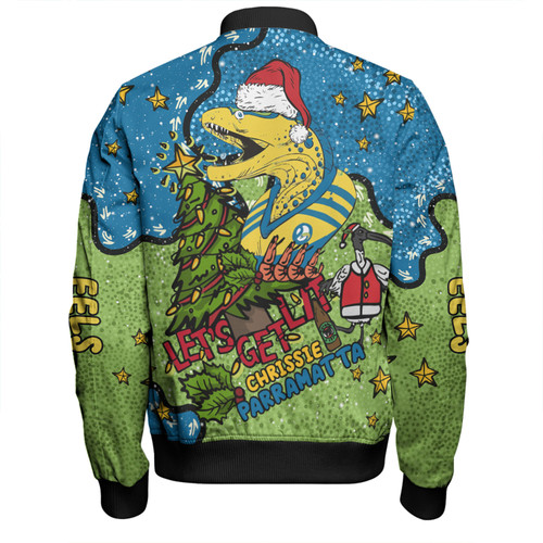 Parramatta Eels Christmas Custom Bomber Jacket - Let's Get Lit Chrisse Pressie Bomber Jacket Parramatta Eels Christmas Custom Bomber Jacket - Let's Get Lit Chrisse Pressie Bomber Jacket