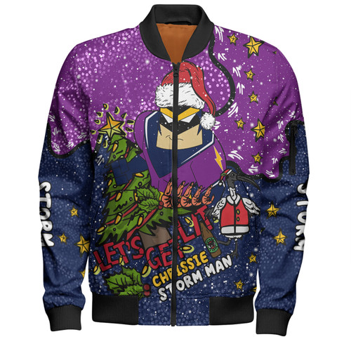 Melbourne Storm Christmas Custom Bomber Jacket - Let's Get Lit Chrisse Pressie Bomber Jacket