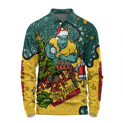 Australia Wallabies Christmas Custom Long Sleeve Polo Shirt - Let's Get Lit Chrisse Pressie Long Sleeve Polo Shirt Australia Wallabies Christmas Custom Long Sleeve Polo Shirt - Let's Get Lit Chrisse Pressie Long Sleeve Polo Shirt