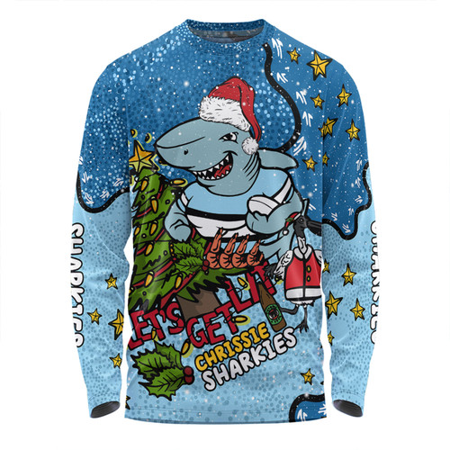 Cronulla-Sutherland Sharks Christmas Custom Long Sleeve T-shirt - Let's Get Lit Chrisse Pressie Long Sleeve T-shirt