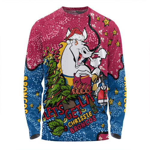 Brisbane Broncos Christmas Custom Long Sleeve T-shirt - Let's Get Lit Chrisse Pressie Long Sleeve T-shirt Brisbane Broncos Christmas Custom Long Sleeve T-shirt - Let's Get Lit Chrisse Pressie Long Sleeve T-shirt