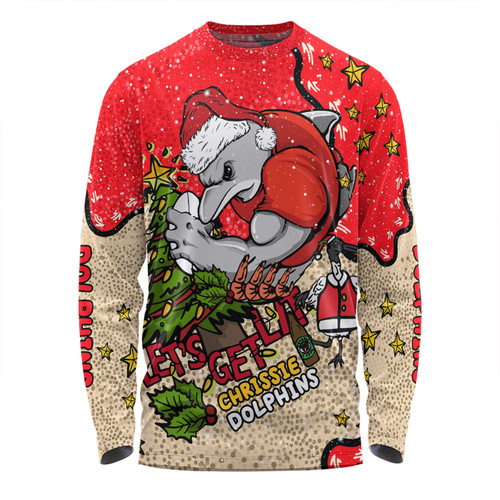 Redcliffe Dolphins Christmas Custom Long Sleeve T-shirt - Let's Get Lit Chrisse Pressie Long Sleeve T-shirt Redcliffe Dolphins Christmas Custom Long Sleeve T-shirt - Let's Get Lit Chrisse Pressie Long Sleeve T-shirt