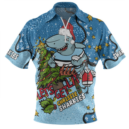 Cronulla-Sutherland Sharks Christmas Custom Zip Polo Shirt - Let's Get Lit Chrisse Pressie Zip Polo Shirt Cronulla-Sutherland Sharks Christmas Custom Zip Polo Shirt - Let's Get Lit Chrisse Pressie Zip Polo Shirt