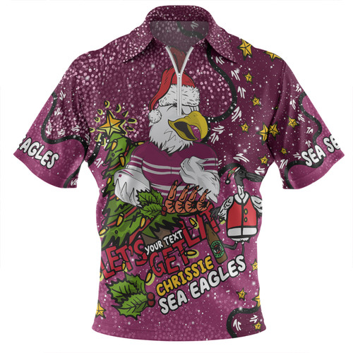 Manly Warringah Sea Eagles Christmas Custom Zip Polo Shirt - Let's Get Lit Chrisse Pressie Zip Polo Shirt