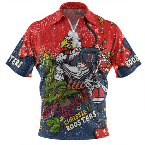 Sydney Roosters Christmas Custom Zip Polo Shirt - Let's Get Lit Chrisse Pressie Zip Polo Shirt Sydney Roosters Christmas Custom Zip Polo Shirt - Let's Get Lit Chrisse Pressie Zip Polo Shirt