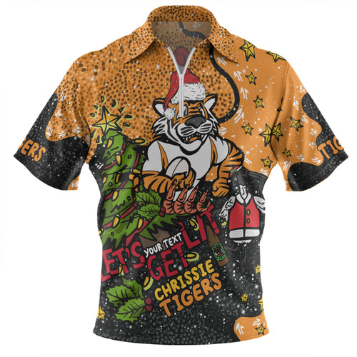 Wests Tigers Christmas Custom Zip Polo Shirt - Let's Get Lit Chrisse Pressie Zip Polo Shirt