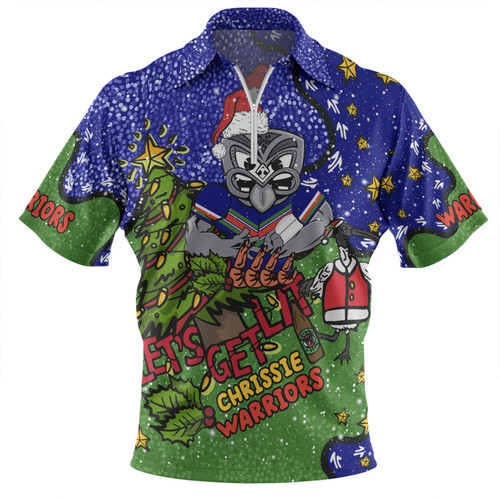 New Zealand Warriors Christmas Custom Zip Polo Shirt - Let's Get Lit Chrisse Pressie Zip Polo Shirt