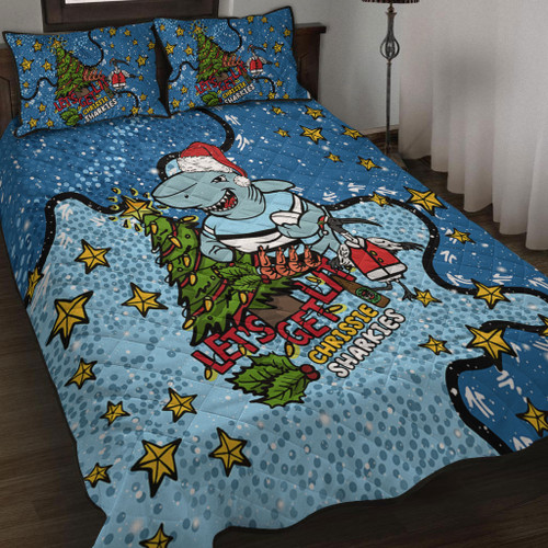 Cronulla-Sutherland Sharks Christmas Custom Quilt Bed Set - Let's Get Lit Chrisse Pressie Quilt Bed Set