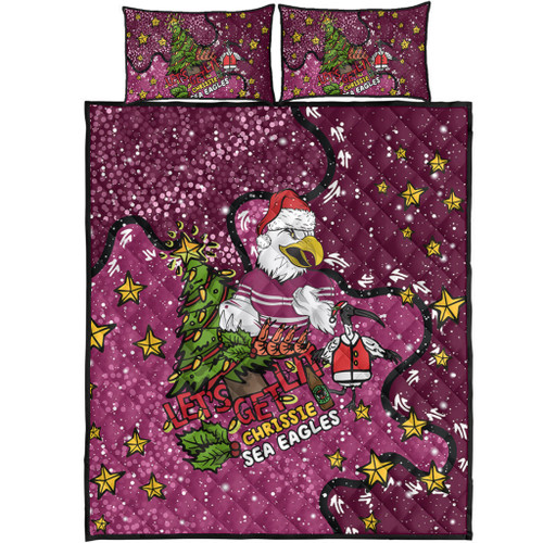 Manly Warringah Sea Eagles Christmas Custom Quilt Bed Set - Let's Get Lit Chrisse Pressie Quilt Bed Set