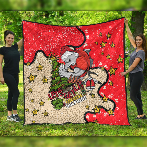 Redcliffe Dolphins Christmas Custom Quilt - Let's Get Lit Chrisse Pressie Quilt Redcliffe Dolphins Christmas Custom Quilt - Let's Get Lit Chrisse Pressie Quilt