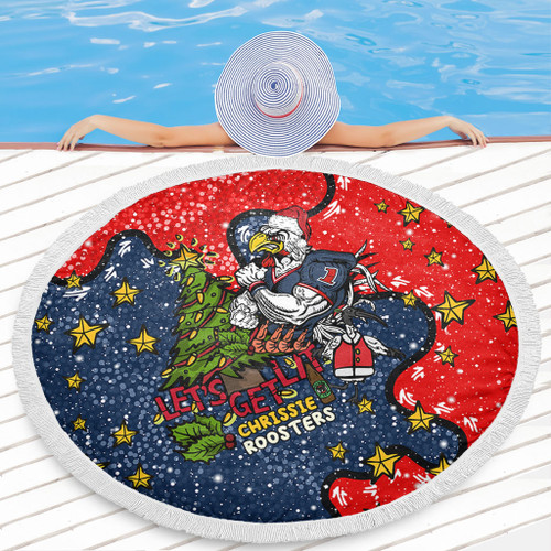 Sydney Roosters Christmas Custom Beach Blanket - Let's Get Lit Chrisse Pressie Beach Blanket