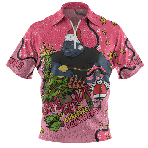 Penrith Panthers Christmas Custom Zip Polo Shirt - Let's Get Lit Chrisse Pressie Pink Zip Polo Shirt