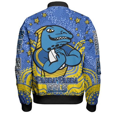 Parramatta Eels Custom Bomber Jacket - Custom With Aboriginal Inspired Style Of Dot Painting Patterns  Bomber Jacket Parramatta Eels Custom Bomber Jacket - Custom With Aboriginal Inspired Style Of Dot Painting Patterns  Bomber Jacket