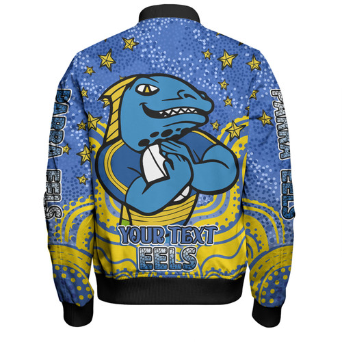 Parramatta Eels Custom Bomber Jacket - Custom With Aboriginal Inspired Style Of Dot Painting Patterns  Bomber Jacket Parramatta Eels Custom Bomber Jacket - Custom With Aboriginal Inspired Style Of Dot Painting Patterns  Bomber Jacket