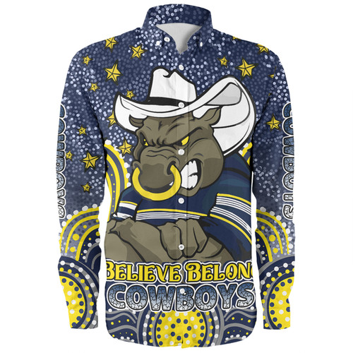 North Queensland Cowboys Custom Long Sleeve Shirt - Custom With Aboriginal Inspired Style Of Dot Painting Patterns  Long Sleeve Shirt