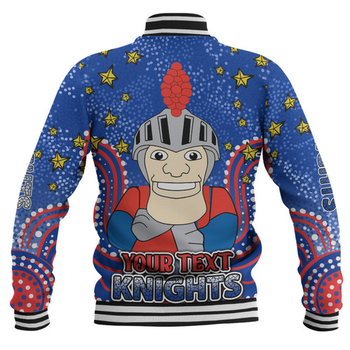 Newcastle Knights Custom Baseball Jacket - Custom With Aboriginal Inspired Style Of Dot Painting Patterns  Baseball Jacket Newcastle Knights Custom Baseball Jacket - Custom With Aboriginal Inspired Style Of Dot Painting Patterns  Baseball Jacket