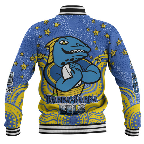 Parramatta Eels Custom Baseball Jacket - Custom With Aboriginal Inspired Style Of Dot Painting Patterns  Baseball Jacket Parramatta Eels Custom Baseball Jacket - Custom With Aboriginal Inspired Style Of Dot Painting Patterns  Baseball Jacket