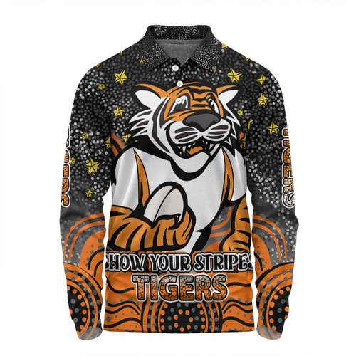 Wests Tigers Custom Long Sleeve Polo Shirt - Custom With Aboriginal Inspired Style Of Dot Painting Patterns  Long Sleeve Polo Shirt