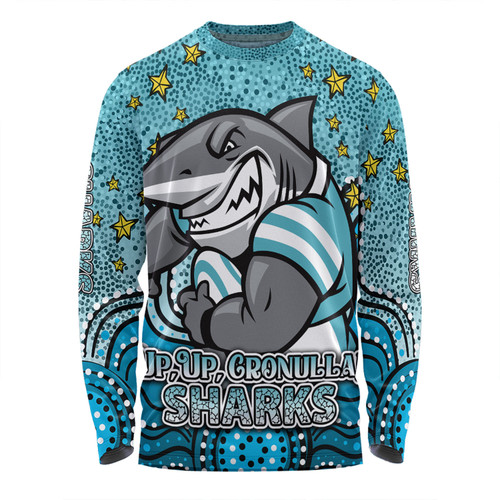 Cronulla-Sutherland Sharks Custom Long Sleeve T-shirt - Custom With Aboriginal Inspired Style Of Dot Painting Patterns  Long Sleeve T-shirt