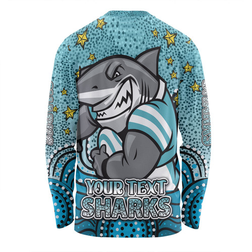 Cronulla-Sutherland Sharks Custom Long Sleeve T-shirt - Custom With Aboriginal Inspired Style Of Dot Painting Patterns  Long Sleeve T-shirt