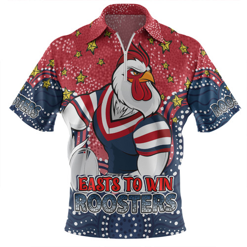 Sydney Roosters Custom Zip Polo Shirt - Custom With Aboriginal Inspired Style Of Dot Painting Patterns  Zip Polo Shirt