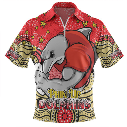 Redcliffe Dolphins Custom Zip Polo Shirt - Custom With Aboriginal Inspired Style Of Dot Painting Patterns  Zip Polo Shirt