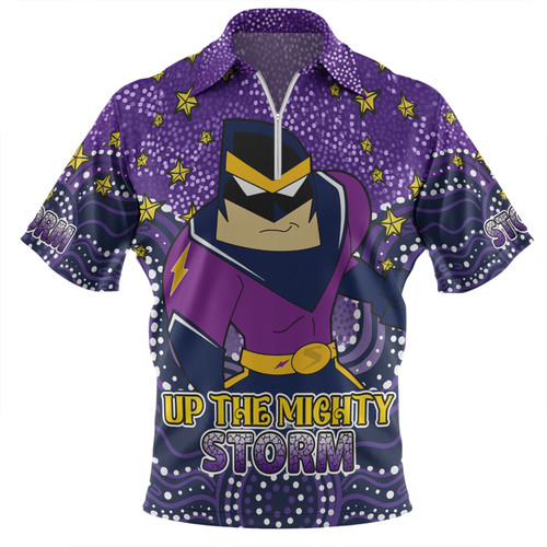 Melbourne Storm Custom Zip Polo Shirt - Custom With Aboriginal Inspired Style Of Dot Painting Patterns  Zip Polo Shirt