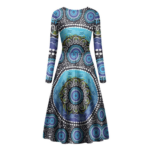 Australia Aboriginal Long Sleeve Dance Dress - Blue Vector Painting Showcasing Aboriginal Dot Artwork Dress