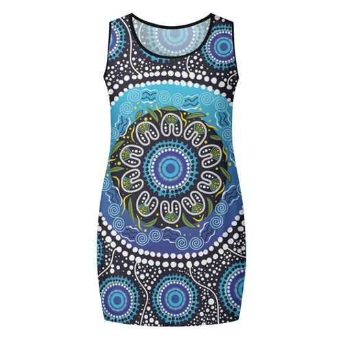 Australia Aboriginal Sleeveless Midi Dress - Blue Vector Painting Showcasing Aboriginal Dot Artwork Dress