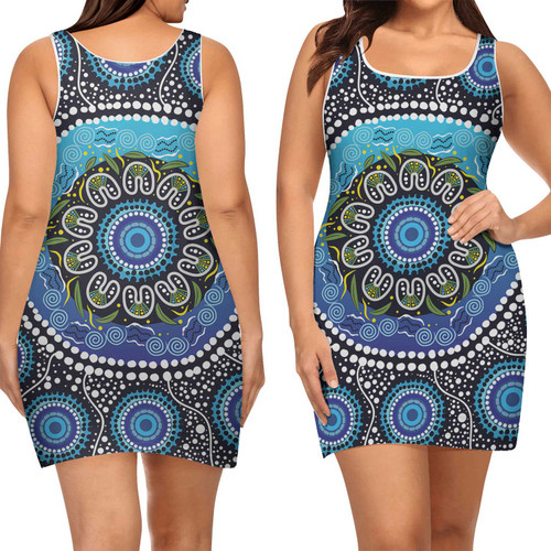 Australia Aboriginal Sleeveless Midi Dress - Blue Vector Painting Showcasing Aboriginal Dot Artwork Dress