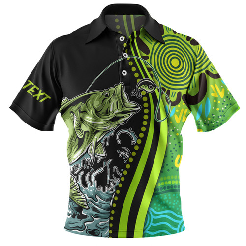 Australia Fishing Aboriginal Fishing Custom Polo Shirt - Rise And Shine A Bass Fish Jumps Out Of Water And Aboriginal Patterns Inspired Polo Shirt