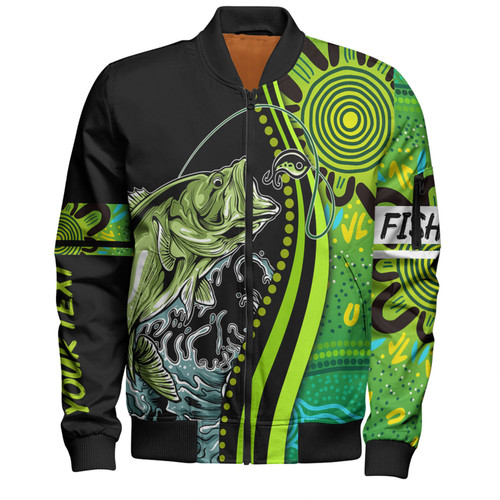 Australia Fishing Aboriginal Fishing Custom Bomber Jacket - Rise And Shine A Bass Fish Jumps Out Of Water And Aboriginal Patterns Inspired Bomber Jacket