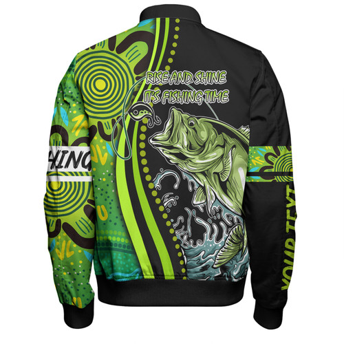 Australia Fishing Aboriginal Fishing Custom Bomber Jacket - Rise And Shine A Bass Fish Jumps Out Of Water And Aboriginal Patterns Inspired Bomber Jacket Australia Fishing Aboriginal Fishing Custom Bomber Jacket - Rise And Shine A Bass Fish Jumps Out Of Water And Aboriginal Patterns Inspired Bomber Jacket