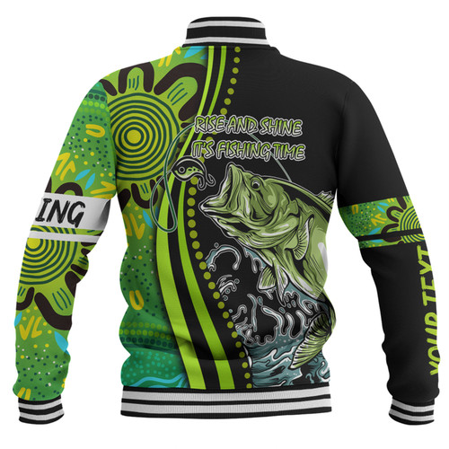 Australia Fishing Aboriginal Fishing Custom Baseball Jacket - Rise And Shine A Bass Fish Jumps Out Of Water And Aboriginal Patterns Inspired Baseball Jacket Australia Fishing Aboriginal Fishing Custom Baseball Jacket - Rise And Shine A Bass Fish Jumps Out Of Water And Aboriginal Patterns Inspired Baseball Jacket