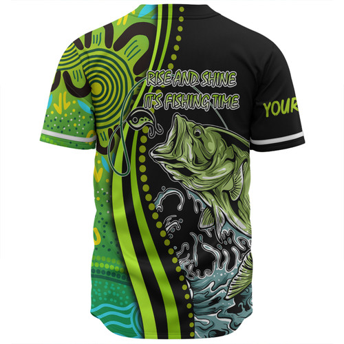 Australia Fishing Aboriginal Fishing Custom Baseball Shirt - Rise And Shine A Bass Fish Jumps Out Of Water And Aboriginal Patterns Inspired Baseball Shirt Australia Fishing Aboriginal Fishing Custom Baseball Shirt - Rise And Shine A Bass Fish Jumps Out Of Water And Aboriginal Patterns Inspired Baseball Shirt