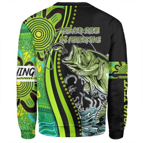 Australia Fishing Aboriginal Fishing Custom Sweatshirt - Rise And Shine A Bass Fish Jumps Out Of Water And Aboriginal Patterns Inspired Sweatshirt Australia Fishing Aboriginal Fishing Custom Sweatshirt - Rise And Shine A Bass Fish Jumps Out Of Water And Aboriginal Patterns Inspired Sweatshirt