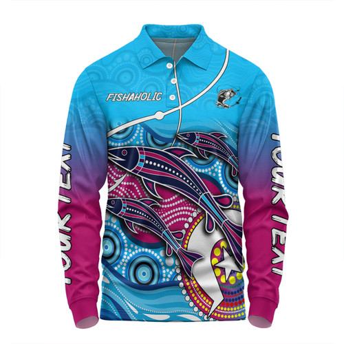 Australia Fishing Aboriginal Fishing Custom Long Sleeve Polo Shirt - Fishaholic With The Dhari Symbol And Aboriginal Pattern Long Sleeve Polo Shirt