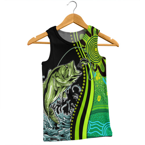 Australia Fishing Aboriginal Fishing Custom Men Singlet - Rise And Shine A Bass Fish Jumps Out Of Water And Aboriginal Patterns Inspired Men Singlet
