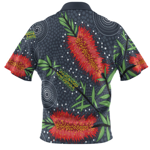 Australia Flowers Aboriginal Polo Shirt - Red Bottle Brush Tree Depicted In Aboriginal Style Polo Shirt Australia Flowers Aboriginal Polo Shirt - Red Bottle Brush Tree Depicted In Aboriginal Style Polo Shirt