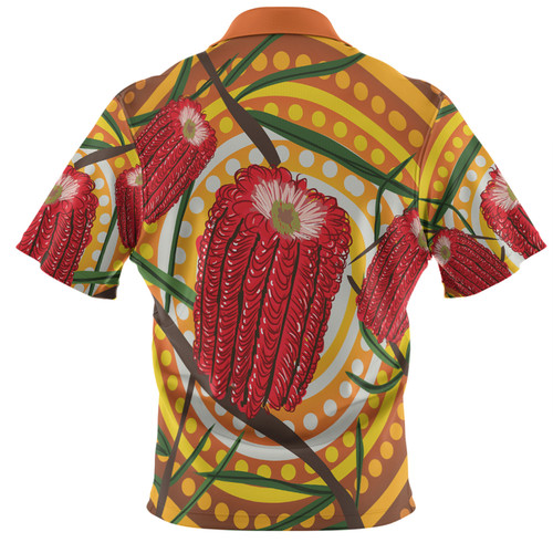 Australia Flowers Aboriginal Polo Shirt - Aboriginal Dot Painting With Red Banksia Flower Polo Shirt Australia Flowers Aboriginal Polo Shirt - Aboriginal Dot Painting With Red Banksia Flower Polo Shirt