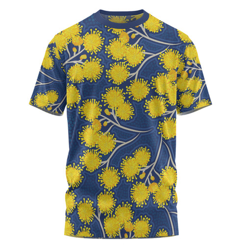 Australia Flowers Aboriginal T-shirt - Yellow Wattle Flowers With Aboriginal Dot Art T-shirt