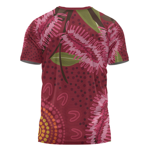 Australia Flowers Aboriginal T-shirt - Pink Bottle Brush Flora In Indigenous Painting T-shirt Australia Flowers Aboriginal T-shirt - Pink Bottle Brush Flora In Indigenous Painting T-shirt
