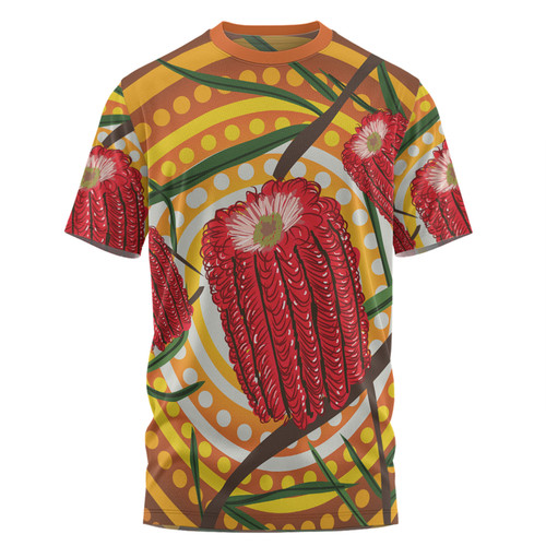 Australia Flowers Aboriginal T-shirt - Aboriginal Dot Painting With Red Banksia Flower T-shirt