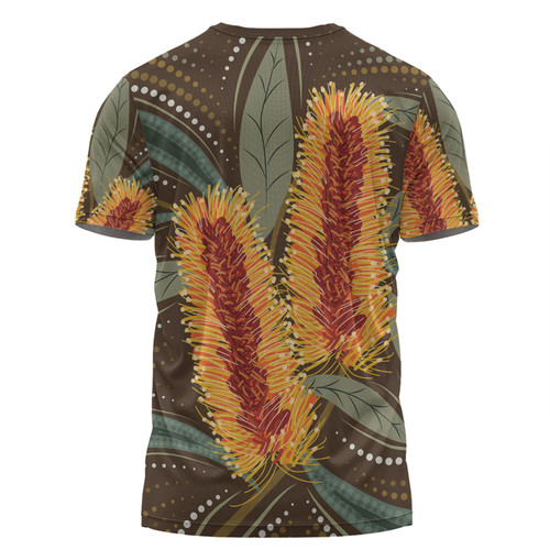Australia Flowers Aboriginal T-shirt - Aboriginal Dot Art With Yellow Banksia Flower T-shirt Australia Flowers Aboriginal T-shirt - Aboriginal Dot Art With Yellow Banksia Flower T-shirt