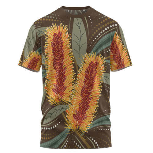 Australia Flowers Aboriginal T-shirt - Aboriginal Dot Art With Yellow Banksia Flower T-shirt