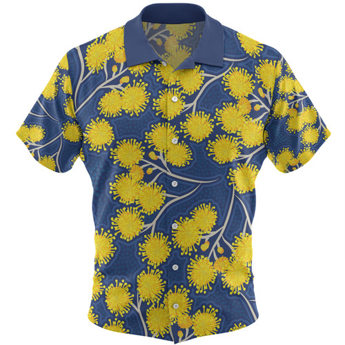 Australia Flowers Aboriginal Hawaiian Shirt - Yellow Wattle Flowers With Aboriginal Dot Art Hawaiian Shirt