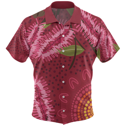 Australia Flowers Aboriginal Hawaiian Shirt - Pink Bottle Brush Flora In Indigenous Painting Hawaiian Shirt