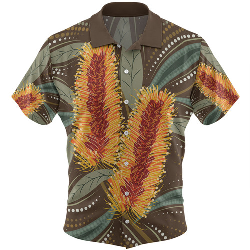 Australia Flowers Aboriginal Hawaiian Shirt - Aboriginal Dot Art With Yellow Banksia Flower Hawaiian Shirt